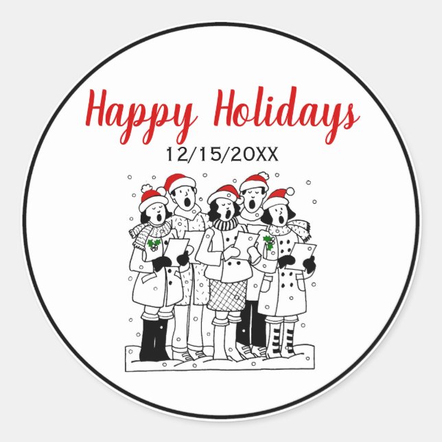 Festive Christmas Carolers with Snow Xmas Classic Round Sticker (Front)