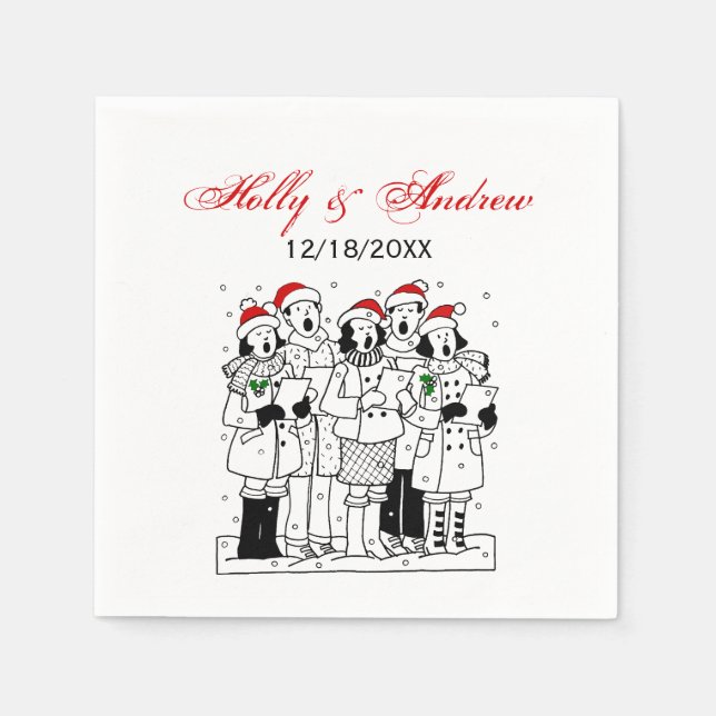 Festive Christmas Carolers with Snow Xmas Napkin (Front)