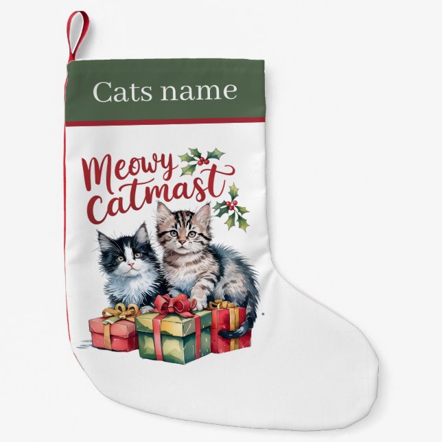 Festive Christmas cat add name Small Christmas Stocking (Front)