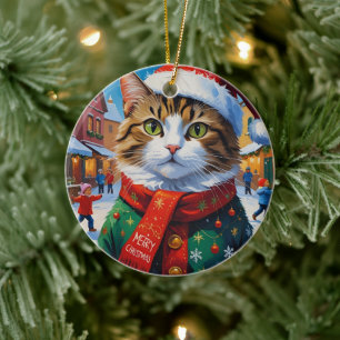 Festive Christmas Cat in Santa Hat Ceramic Ornament