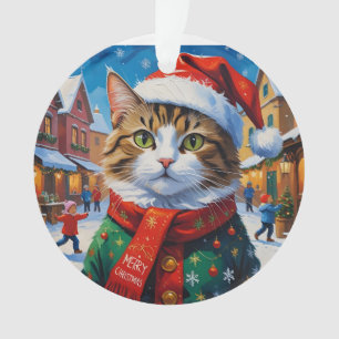 Festive Christmas Cat in Santa Hat Ornament