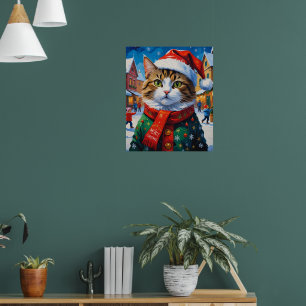 Festive Christmas Cat in Santa Hat Poster