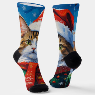 Festive Christmas Cat in Santa Hat Socks