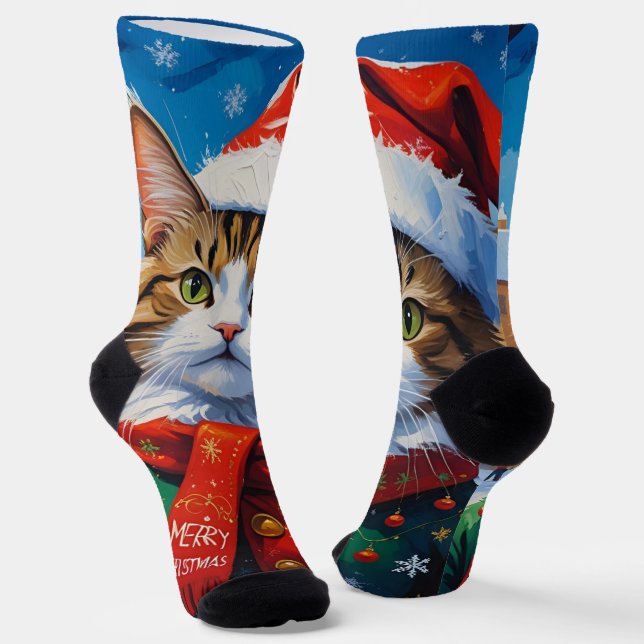 Festive Christmas Cat in Santa Hat Socks (Angled)