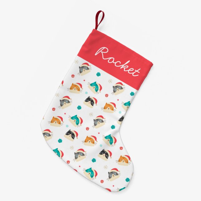 Festive Christmas Cats Pattern Personalised Small Christmas Stocking (Front (Hanging))