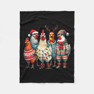 Festive Christmas Chickens Hat Lights Farm Animal  Fleece Blanket