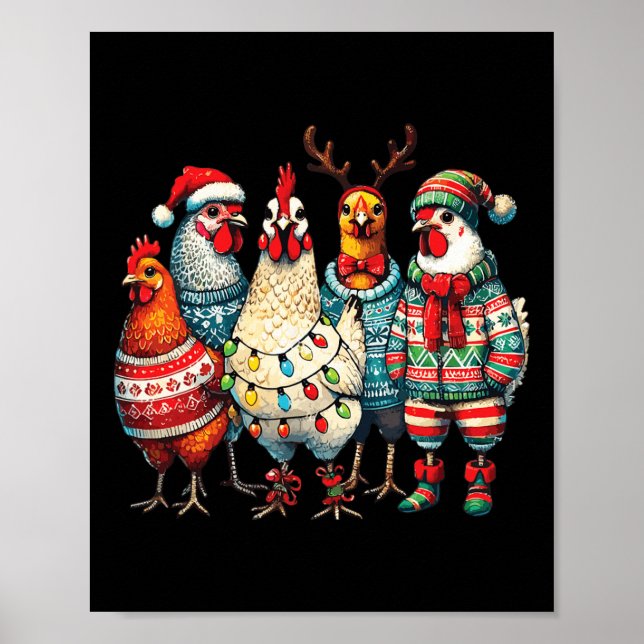 Festive Christmas Chickens Hat Lights Farm Animal  Poster (Front)