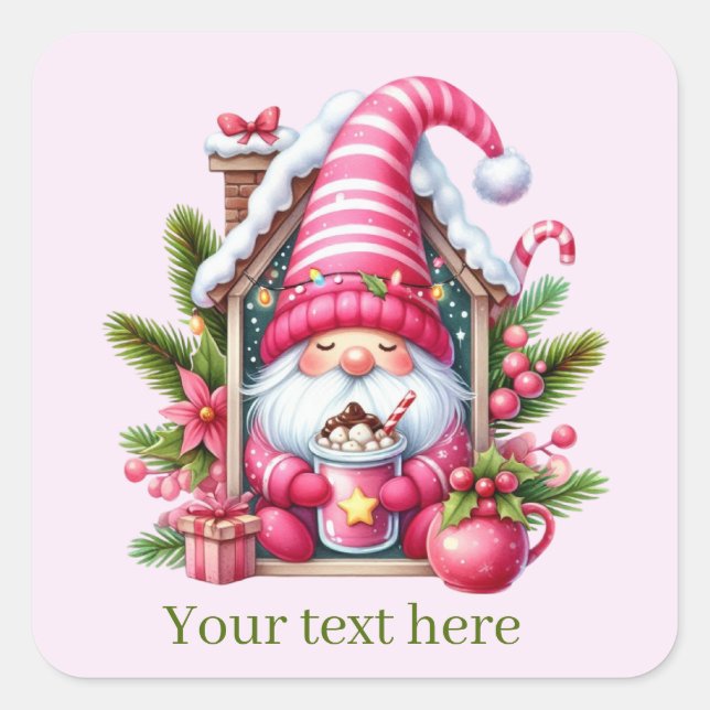 Festive Christmas cocoa gnome add text Square Sticker (Front)