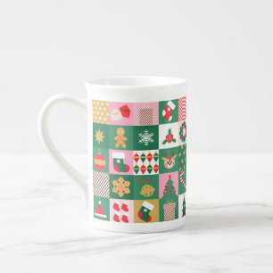 Festive Christmas Collage Of Gifts, Trees, Ornamen Bone China Mug