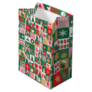 Festive Christmas Collage Of Gifts, Trees, Ornamen Medium Gift Bag