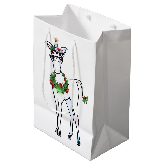 Festive Christmas colourful Unicorn drawing  Medium Gift Bag (Front Angled)
