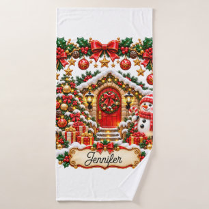 Festive Christmas Cottage with Snowman and Editabl Bath Towel Set