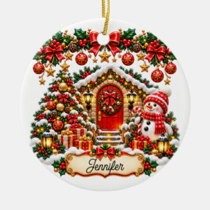 Festive Christmas Cottage with Snowman and Editabl Ceramic Ornament