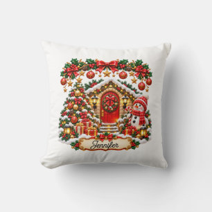 Festive Christmas Cottage with Snowman and Editabl Cushion
