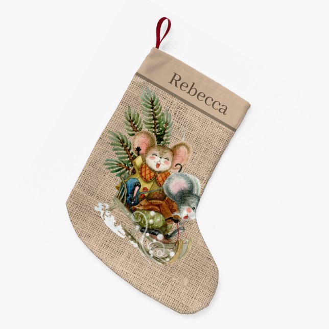 Festive Christmas Country mice Holiday add name  Small Christmas Stocking (Front (Hanging))