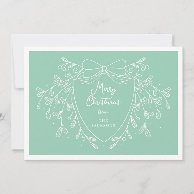 Festive Christmas crest line art mistletoe mint Holiday Card (Front)