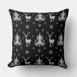 Festive Christmas Deer Pattern Black Cushion