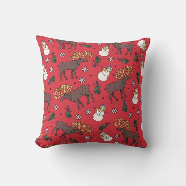 Festive Christmas Deer: Snowman Pattern Cushion (Front)