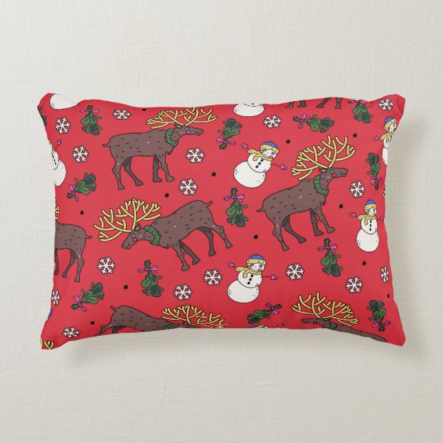 Festive Christmas Deer: Snowman Pattern Decorative Cushion (Front)