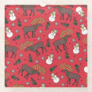 Festive Christmas Deer: Snowman Pattern Glass Coaster