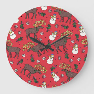 Festive Christmas Deer: Snowman Pattern Large Clock
