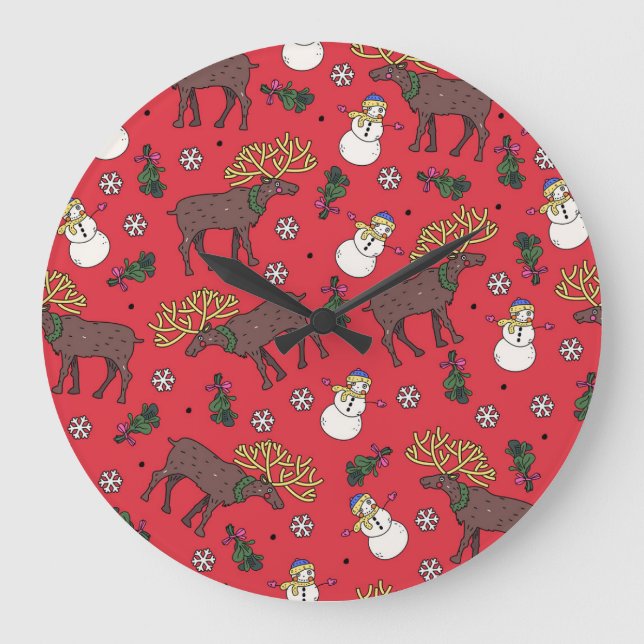 Festive Christmas Deer: Snowman Pattern Large Clock (Front)