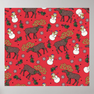 Festive Christmas Deer: Snowman Pattern Poster