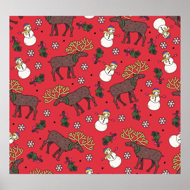 Festive Christmas Deer: Snowman Pattern Poster (Front)