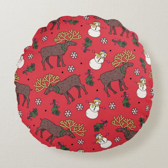 Festive Christmas Deer: Snowman Pattern Round Cushion (Front)