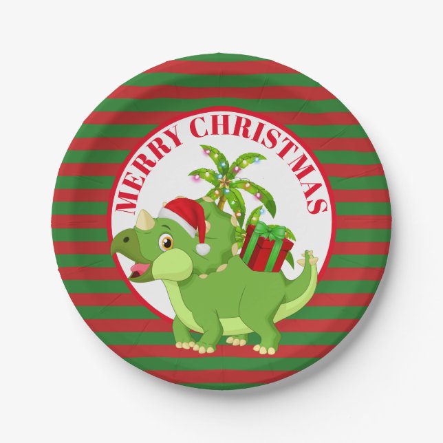 Festive Christmas dinosaur add message paper plate (Front)
