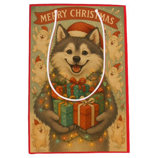 "Festive Christmas Dog" Medium Gift Bag (Front)