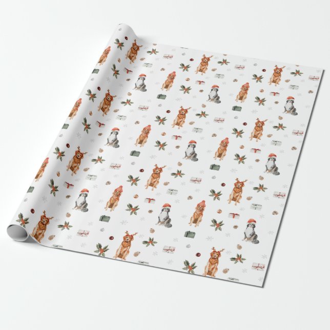 Festive Christmas Dogs 1 Wrapping Paper (Unrolled)