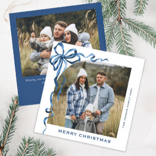 Festive Christmas Dusty Blue Bow Ribbon 2 Photo Holiday Card