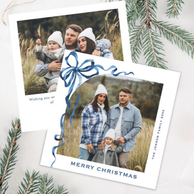 Festive Christmas Dusty Blue Bow Ribbon 2 Photo Holiday Card (Creator Uploaded)