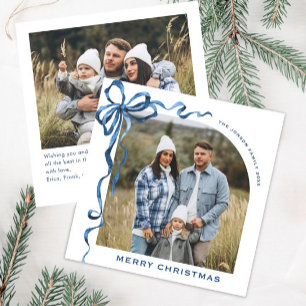 Festive Christmas Dusty Blue Bow Ribbon 2 Photo Holiday Card