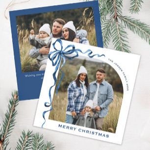 Festive Christmas Dusty Blue Bow Ribbon 2 Photo Holiday Card
