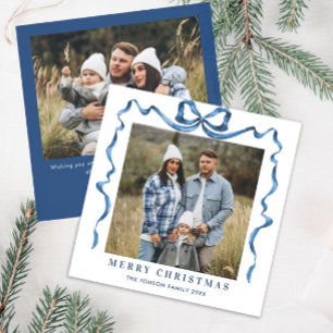 Festive Christmas Dusty Blue Bow Ribbon 2 Photo Holiday Card
