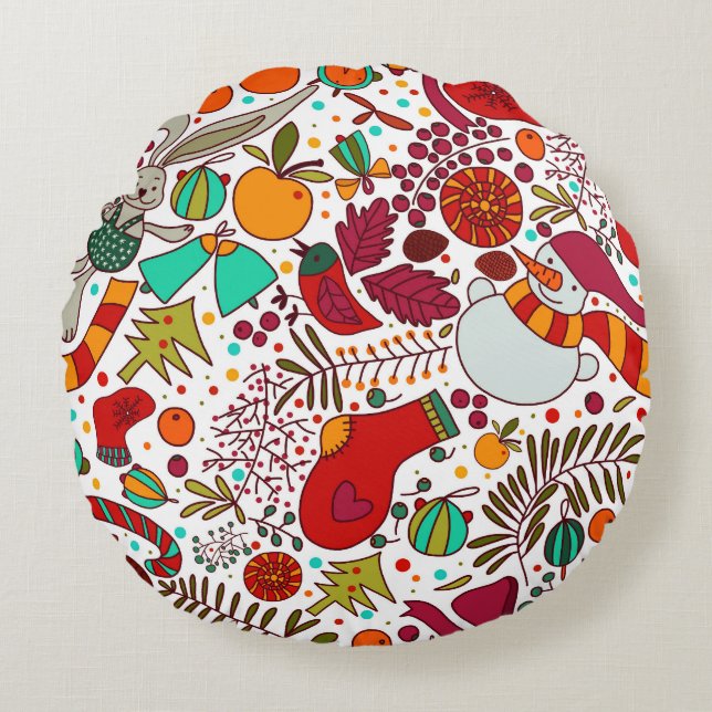 Festive Christmas Elements Seamless Design Round Cushion (Front)