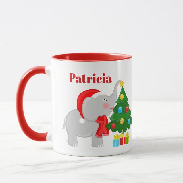 Festive Christmas elephant and tree Mug (Left)
