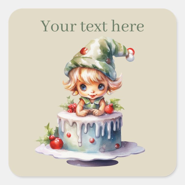 festive Christmas Elf cake add text  Square Sticker (Front)