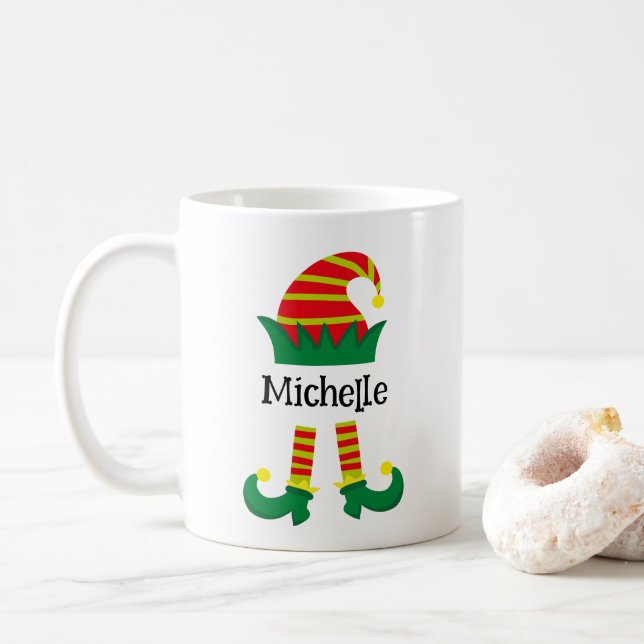 Festive Christmas Elf Cartoon Personalised  Coffee Mug (With Donut)