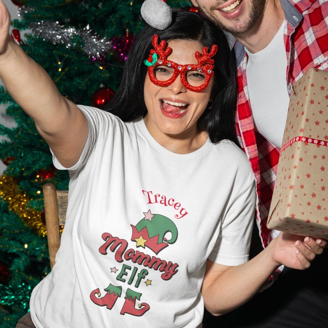 Festive Christmas Elf Red and Green Custom woman  T-Shirt (Christmas Mommy Elf customized lady's t-shirt)