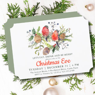 Festive Christmas Eve Watercolor Bullfinch Floral Invitation