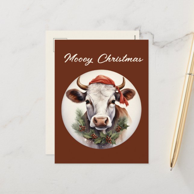 Festive Christmas farm cow add text Holiday  Postcard (Front/Back In Situ)