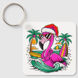 Festive Christmas Flamingo Fun in Paradise Key Ring