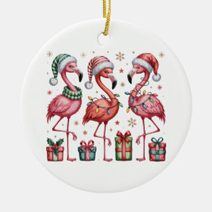 Festive Christmas Flamingo Holiday Cute Xmas Light Ceramic Ornament