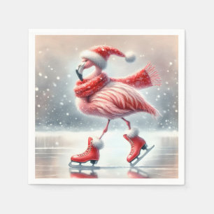 Festive Christmas Flamingo Ice Skating Napkin