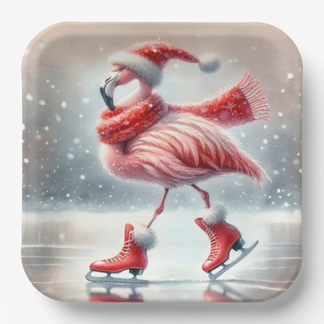 Festive Christmas Flamingo Ice Skating Paper Plate (Front)