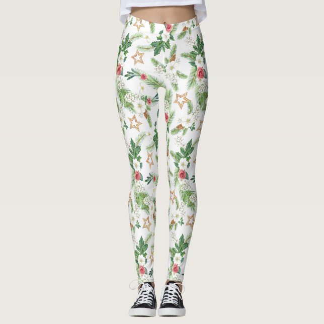 Festive Christmas Floral and Botanical Leggings (Front)