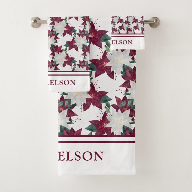 Festive Christmas Floral Poinsettia Monogram Bath Towel Set (Insitu)